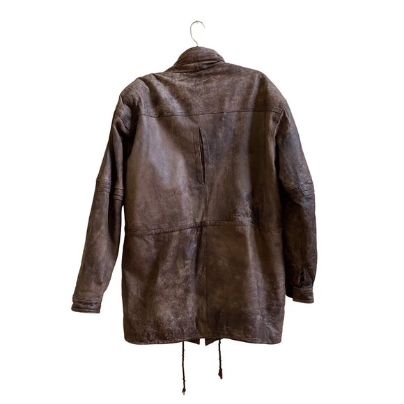 Vintage Brown Leather Parker Coat With Printed Lining & Multiple Pockets - Picture 3 of 11